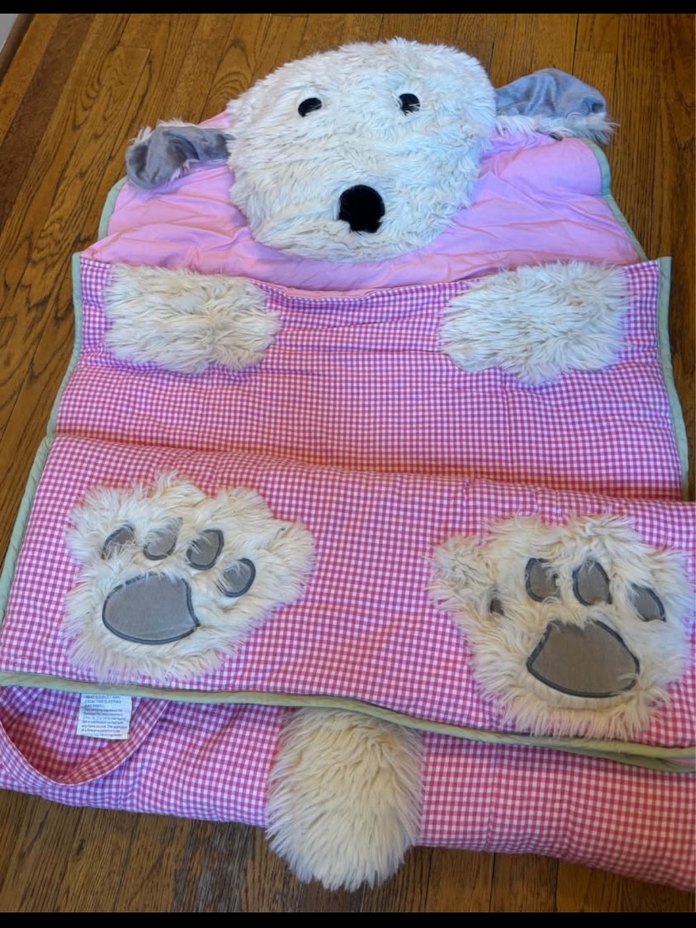 Pottery Barn Kids Shaggy Head Dog Puppy Sleeping Bag Pink White Gingham